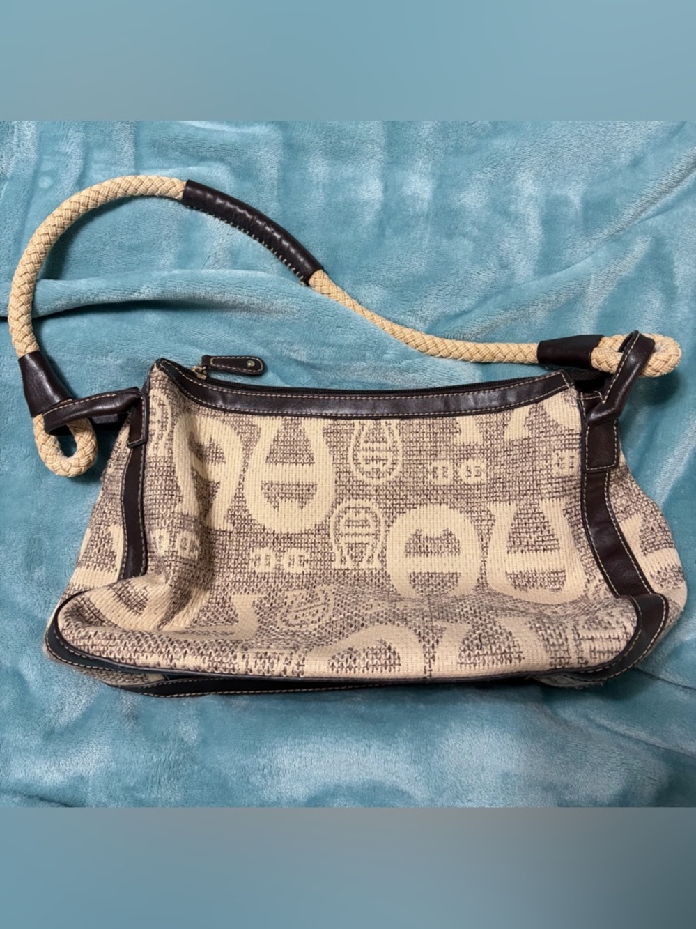 Etienne Aigner Beige & Brown Jacquard Shoulder Bag with Rope Strap
